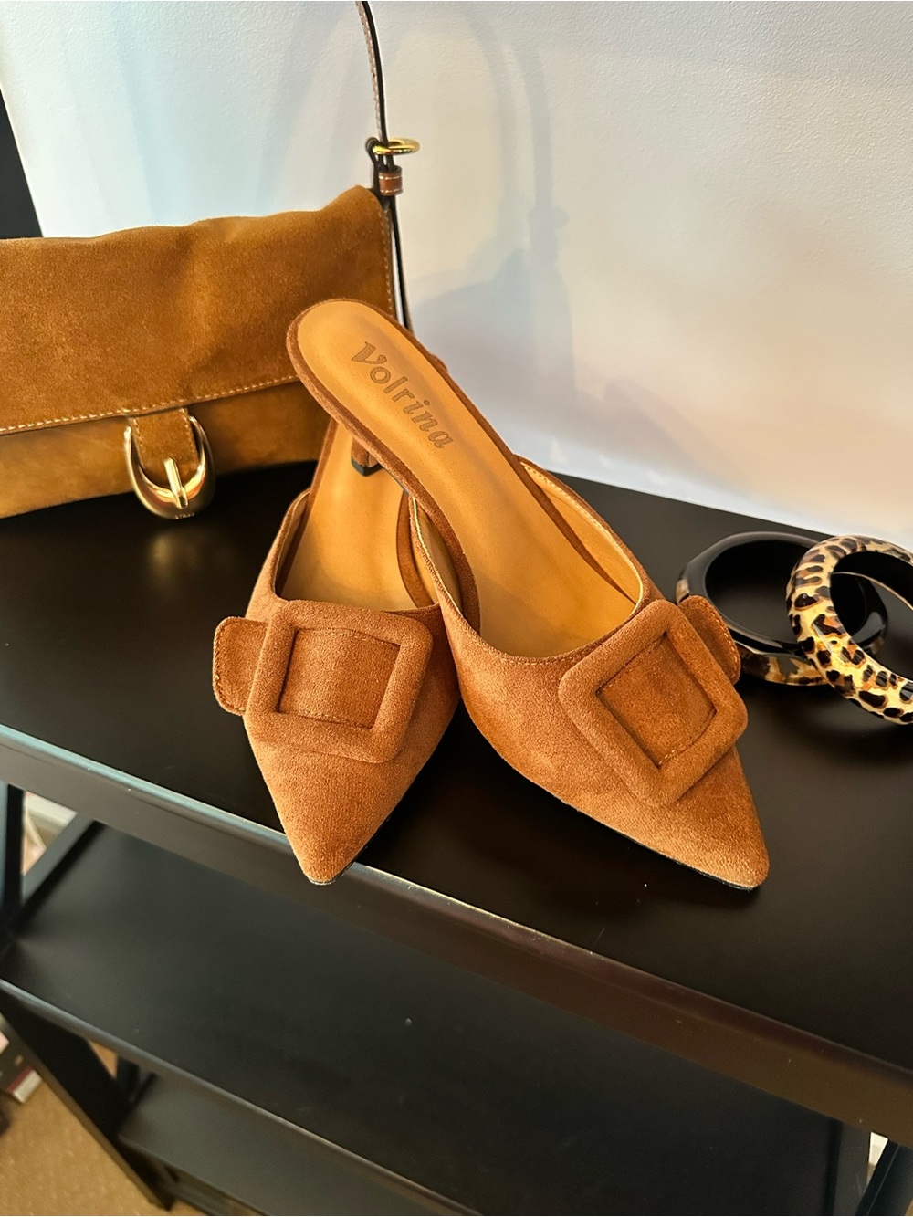 Volrina chestnut faux Suede Pointed Mule with Decorative Buckle